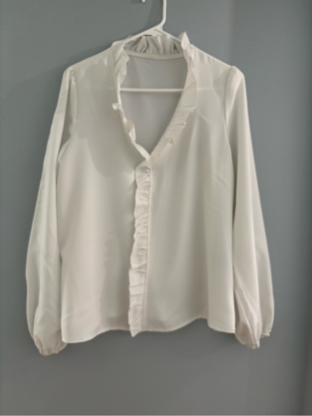 White Ruffle Front Long-Sleeve Women's Blouse